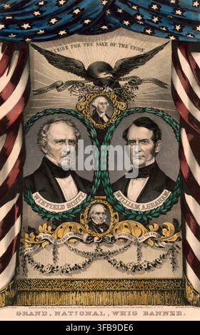 Général Winfield Scott en tant que candidat présidentiel et William Alexander Graham en tant que candidat à la vice-présidence, encadrés par des drapeaux américains et des symboles patriotiques. L'affiche a été imprimée pour la campagne électorale des Whigs de 1852, l'un des deux principaux partis politiques aux États-Unis à l'époque, qui, cependant, a rapidement perdu de son importance. Histoire américaine, reproduction authentique restaurée numériquement d'un original du XIXe siècle, la date exacte de représentation inconnue. Historique Banque D'Images