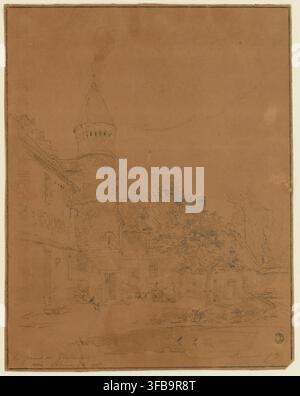 Un dessin d'un ancien bâtiment agricole avec une tour, identifié comme Le ferme de Fontaine, par Louis Deglatigny, un artiste français et créateur de collections d'archives, au XIXe ou début du XXe siècle. Banque D'Images