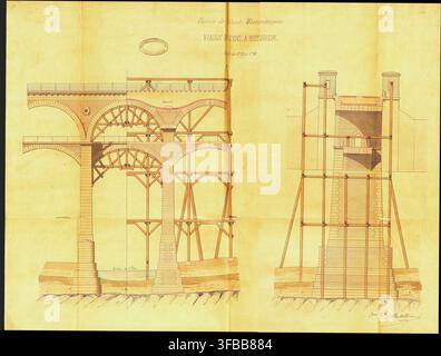 Plans architecturaux du Viaduc de l'Enz, un viaduc à Bietigheim, du Chemin de l'Ouest Wurtembergeois, dans un dessin du XIXe siècle. Banque D'Images