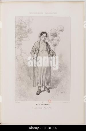 Une caricature d'une femme tenant des ballons, de la série PHYSIONOMIES PARISIENNES, par l'artiste français Gavarni, publiée à Paris par Imp Lemoine en 1840. Banque D'Images