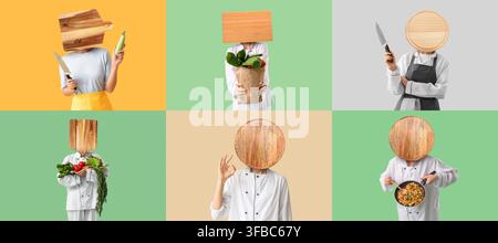 Expertise culinaire et concept d'alimentation saine, collage de chefs et de cuisiniers amateurs avec des planches à découper et des ingrédients frais Banque D'Images