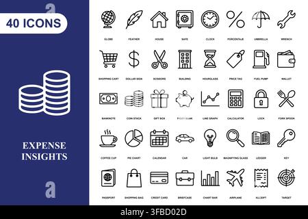 Une collection complète de quarante icônes professionnelles en ligne de dessin pour les applications commerciales, financières et du commerce. Illustration de Vecteur