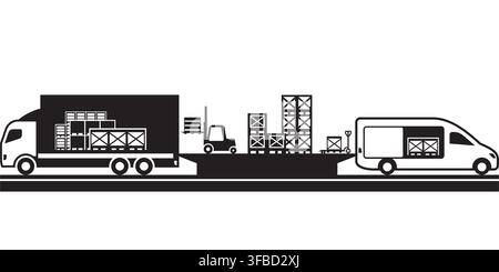 Camion de chargement et pick-up dans un entrepôt ouvert - illustration vectorielle Illustration de Vecteur