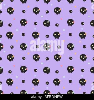 Motif sans couture mignon avec des crânes noirs et de petites fleurs pastel sur un fond lavande. Design fantaisiste et effrayant avec une ambiance gothique pastel pour Halloween Illustration de Vecteur