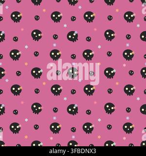 Motif sans couture mignon avec des crânes noirs et de petites fleurs pastel sur un fond rose poussiéreux. Design doux gothique et effrayant pour Halloween, tissu, texte Illustration de Vecteur