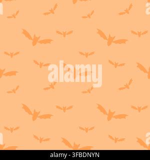 Motif orange chaud sans couture mettant en scène des silhouettes de chauves-souris volantes de tailles variées. Un design Halloween ludique pour tissu, papier d'emballage, papier peint, décoration Illustration de Vecteur