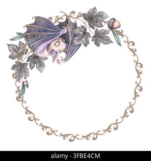 Cadre circulaire vintage avec une adorable chauve-souris endormie et des feuilles de lierre. Fond opulent aquarellé dessiné à la main avec espace pour du texte et ornement baroque doré. Graphisme gothique pour la conception de cartes d'invitation Halloween. Banque D'Images