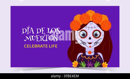 Flyer mexicain pour le Dia de los Muertos mettant en scène un crâne de calavera coloré, une fleur de cempasuchil, la Catrina, un ornement festif et un symbole culturel traditionnel en illustration vectorielle. Illustration de Vecteur