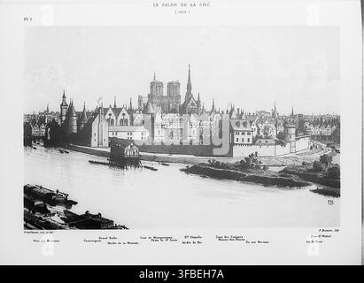 Une vue de la ville de 1530 du Palais de la Cité à Paris, avec divers points de repère incluant la Conciergerie, Grand'Salle, Tour de Montgomery et Sainte-Chapelle, dans une gravure de F. Hattheuer et P. Benoist. Banque D'Images