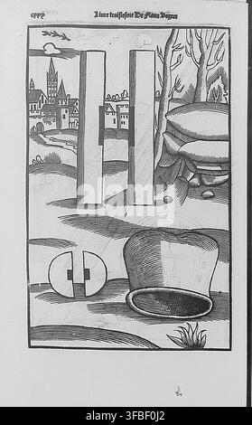 Une illustration en gravure sur bois de 1536 tirée du livre "Livre troistiesme De Plaine Degreer" montrant des véhicules militaires et des armements, avec les lettres CPPV visibles dans l'image. Banque D'Images