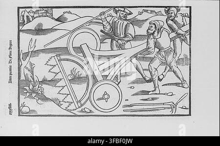 Une illustration gravée sur bois de 1536 représentant des soldats tirant un grand canon, tirée du livre "Livre premier De flours Degrece", présentant des véhicules et armements militaires. Banque D'Images