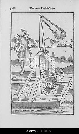Une illustration gravée sur bois de 1536 d'un catapult, tirée du livre "Livre premier De flane degrece", présentant un véhicule militaire et un armement. Banque D'Images