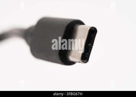 Un macro cliché détaillé d'un câble connecteur USB Type-C sur un fond blanc immaculé. La mise au point nette sur le connecteur métallique révèle le in Banque D'Images