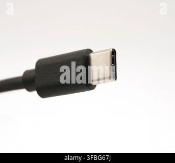 Un macro cliché détaillé d'un câble connecteur USB Type-C sur un fond blanc immaculé. La mise au point nette sur le connecteur métallique révèle le in Banque D'Images