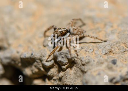 Gros plan d'une araignée sautant assise sur un rocher ensoleillé à Chypre, mettant en évidence ses yeux pointus et ses motifs corporels complexes. Banque D'Images