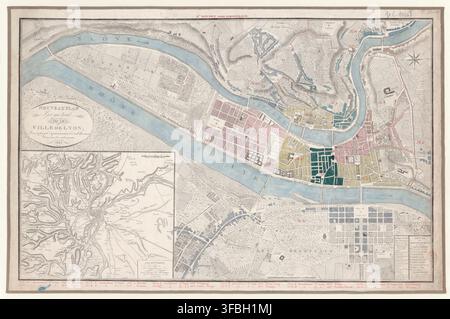 Une carte détaillée de Lyon, France, incluant la Saône et les environs, datée de 1829, créée par Vergézy, montrant l'organisation de la ville par arrondissements et les propositions d'expansion et d'embellissement. Banque D'Images