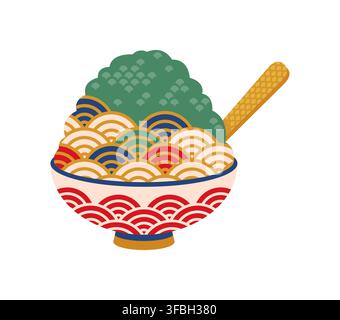 Dessert traditionnel japonais kakigori festival d'été du Japon, icône des fêtes matsuri. Bol à motif onde seigaiha avec glace pilée et cuillère. Café ou restaurant asiatique, menu des célébrations culturelles Illustration de Vecteur