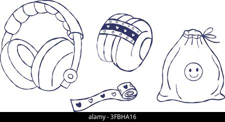 Ensemble d'art linéaire d'écouteurs et de pochette de voyage pour enfants. Illustration vectorielle de contour d'écouteurs antibruit pour enfants, pochette de rangement avec sourire et mignon Illustration de Vecteur