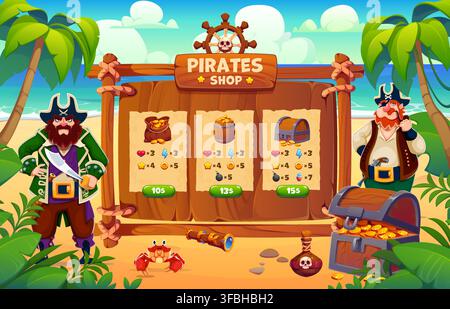 Boutons et icônes d'interface de magasin de jeux pirates avec éléments de dessin animé UI et GUI. Interface de jeu vidéo pour le menu d'écran mobile avec corsaires pirates caribéens, score de trésor et bonus d'achat récompensé Illustration de Vecteur