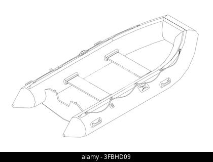 Croquis détaillé de bateau de sauvetage en style de lignes de contour, présentant une coque gonflable en caoutchouc et un équipement de sécurité essentiel sur un fond blanc propre. Illustration de Vecteur