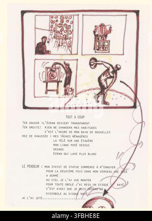 Un dessin surréaliste de 1989 avec texte intégré, présentant un mélange de scènes quotidiennes et de concepts abstraits, incluant un téléviseur, un penseur et une statue, l'artiste explorant des thèmes de routine, de médias et d'identité personnelle. Banque D'Images