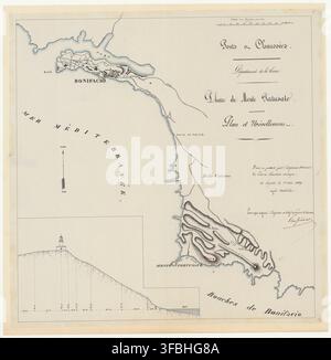 Une carte manuscrite de la zone côtière de Bonifacio, Corse, datée du 1er octobre 1829, montrant le Phare de Monte Pertusato et d'autres caractéristiques géographiques, créée par le Département de la Corse, Ponts et Chaussées. Banque D'Images