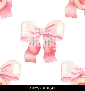 Motif sans couture avec des nœuds à pois roses accompagnés de fraises, biscuits à la confiture. Aquarelle peinte à la main sur blanc pour textiles de maison, papier peint, décoration, papeterie Banque D'Images