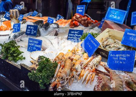 Présentation de fruits de mer frais sur de la glace pilée dans un étal de marché Banque D'Images