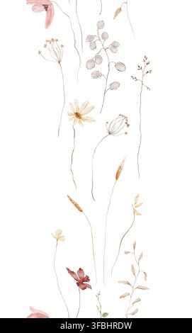 Bannière sans couture botanique aquarellée avec coquelicot rose, marguerite jaune, herbes séchées et lunaria sur fond blanc. Composition verticale faite à la main Banque D'Images