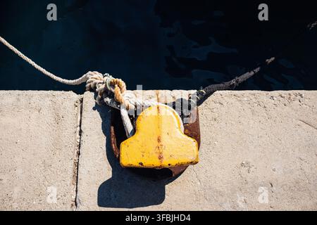 Close-up d'un bittes d'amarrage jaune vif fixé sur un quai en béton patiné avec des cordes nautiques épaisses solidement attachées autour. Banque D'Images