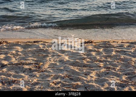 Vue rapprochée d'une plage de sable avec des dunes de sable texturées et de douces vagues de l'océan qui déferlent sur le rivage, Grèce. Banque D'Images