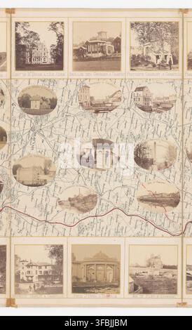 Un collage de photographies historiques montrant divers lieux le long du Chemin de fer du Nord, incluant Abbeville, Boulogne-sur-Mer, L'Isle-Adam, Auvers-sur-Oise et Chantilly, par Édouard Baldus, photographe français, 1865. Banque D'Images