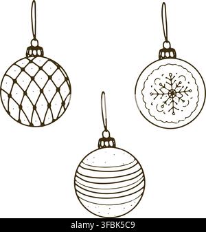 Ensemble de dessins d'ornements de Noël comprenant trois boules décoratives avec des motifs géométriques, flocon de neige et rayés pour cartes, emballages, textiles, papier peint Illustration de Vecteur