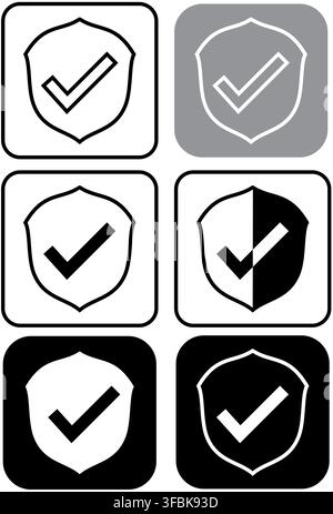 Ensemble de six icônes en forme de bouclier avec des cases à cocher dans différentes variations de style noir, blanc et gris symbolisant la protection de sécurité et la vérification sur est Banque D'Images