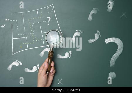 Trouver un moyen de sortir d'une situation difficile, une main avec une loupe examine un labyrinthe dessiné à la craie et des empreintes entourées de points d'interrogation Banque D'Images