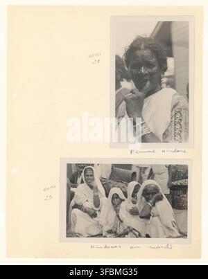 Deux femmes en tenue traditionnelle hindoue, sur une photographie de la fin du XIXe siècle des Fidji, avec le titre de l'image "Femme Hindoue" et "Hindous au marché". Banque D'Images