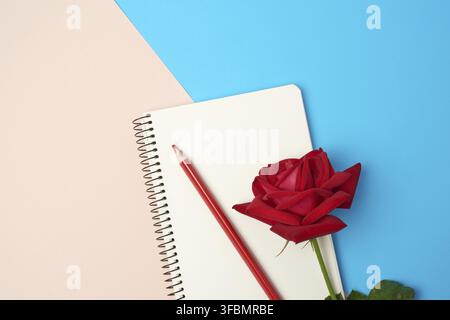 carnet ouvert avec feuilles blanches et rose rouge sur fond bleu beige, plat Banque D'Images