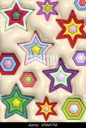 Fond beige avec des étoiles colorées, des formes gonflées. illustration de rendu 3d. Banque D'Images