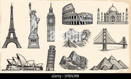 Ensemble d'icônes vectorielles de merveilles du monde et monuments historiques mettant en vedette des illustrations de sites célèbres et d'architecture ancienne Illustration de Vecteur
