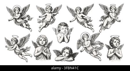 Ensemble d'illustrations de bébé Cupidon de style gravure vintage. Anges artistiquement détaillés isolés sur fond blanc. Parfait pour la Saint-Valentin, les affiches romantiques, les cartes et le branding. Illustration de Vecteur