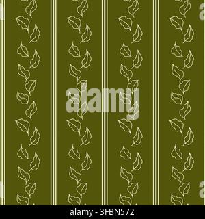 Feuilles gracieuses et rayures dans un schéma de couleurs olive clair sur un fond vert foncé. Illustration aquarellée. Motif sans couture dessiné à la main. Pour Banque D'Images