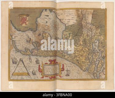 Une carte détaillée de la région de la mer du Nord datant de 1584, incluant la Hollande et l'océan allemand, par Boazio, présentant divers éléments géographiques et symboles, tirée d'un atlas. Banque D'Images
