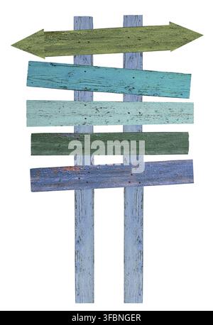 Panneau en bois fait de vieilles planches multicolores fixées sur deux poteaux verticaux, fond isolé Banque D'Images