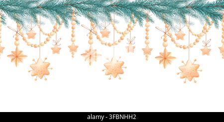 Bordure sans couture festive en aquarelle avec pins toujours verts, perles dorées, étoiles et ornements suspendus. Ornement de Noël dessiné à la main Banque D'Images