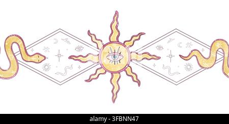 Bordure sans couture mystique soleil céleste ésotérique avec œil, serpents abstraits, cadres géométriques. Motif répétitif horizontal féminin isolé sur blanc Banque D'Images