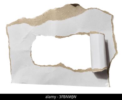 Morceau de carton blanc déchiré avec des bords déchirés sur un fond isolé, espace de copie Banque D'Images