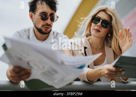 Jeune couple professionnel examinant ensemble des documents lors d'une réunion d'affaires décontractée en plein air Banque D'Images