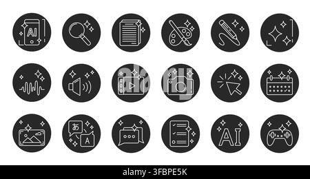Ensemble d'icônes IA rondes avec des étoiles scintillantes isolées sur fond blanc. Illustration vectorielle en lignes de symboles pour les outils d'intelligence artificielle, pictogramme de traduction et de recherche, symboles photo ou vidéo Illustration de Vecteur