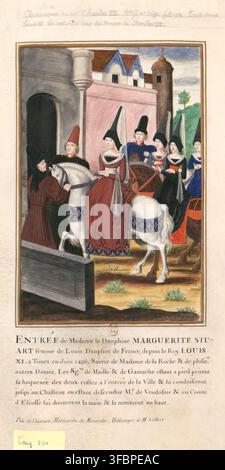 Une princesse, identifiée comme Marguerite Stuart, épouse de Louis, Dauphin de France, plus tard roi Louis XI, entre dans une ville à cheval, accompagnée de dames, dont Madame de la Roche, et escortée de seigneurs, dont les Sgts de Maille et de Gamache, dans une scène des Chroniques du roi Charles VII, située à Tours en juin 1436. Banque D'Images