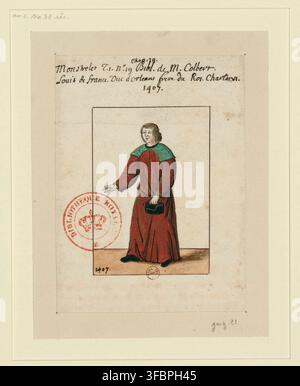 Un dessin d'un homme debout, vêtu d'une robe rouge, identifié comme Louis de France, duc d'Orléans, frère du roi Charles VI, créé en 1407. Banque D'Images